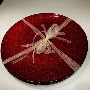 Akcam Turkish Glass Dinner Plate Set Holiday Red Sparkle Glitter New - Set of 4